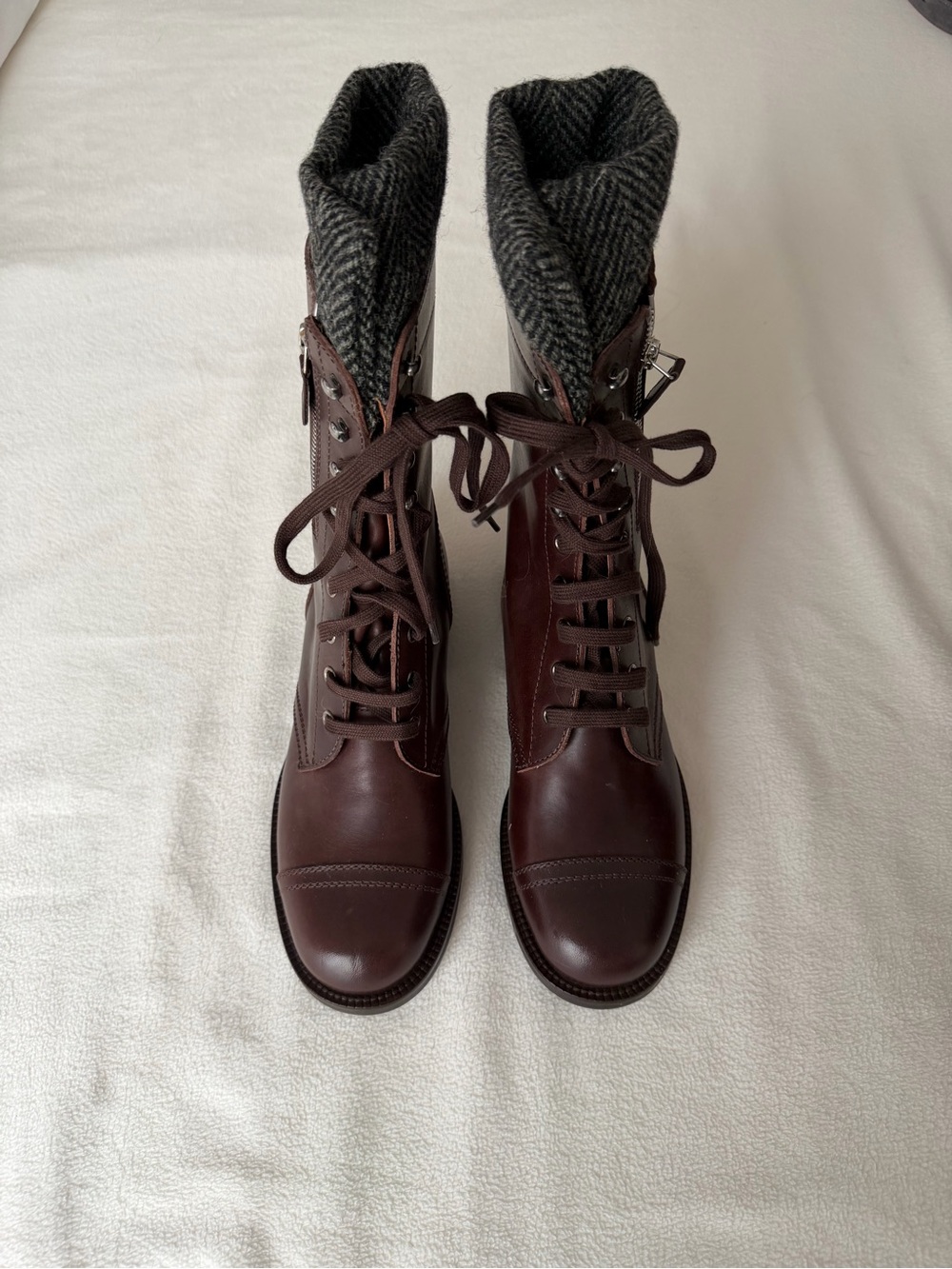 CHANEL 2011 Dark Brown Leather Lace-Up Combat Boots with Gray Wool Collar